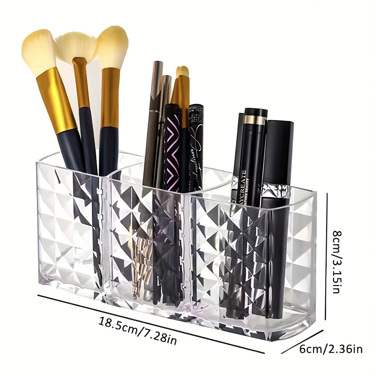 Elegant transparent makeup brush organizer with geometric design. Large capacity and multifunctional holder for brushes, lip gloss, liners, and more. Ideal for vanity, bathroom countertops, and cabinets.