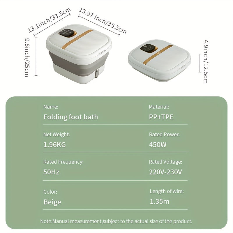 Portable foldable foot spa with heat, bubbles, vibration, red light, acupressure massage points, and temperature control for relaxation.