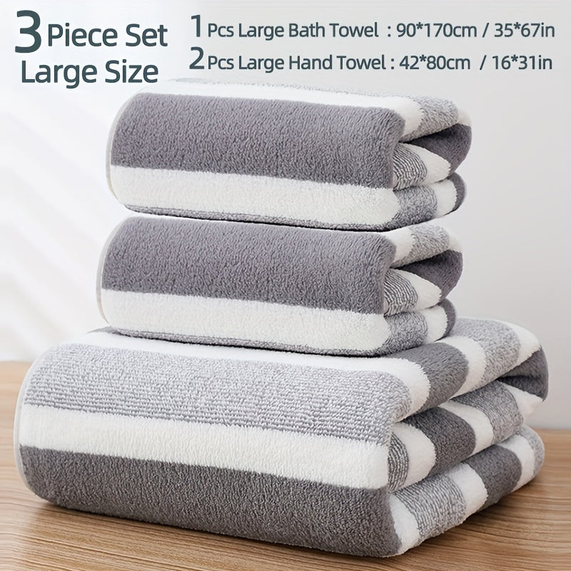 3-piece striped towel set includes 1 bath towel and 2 hand towels. Soft, absorbent, and quick-drying for the bathroom.