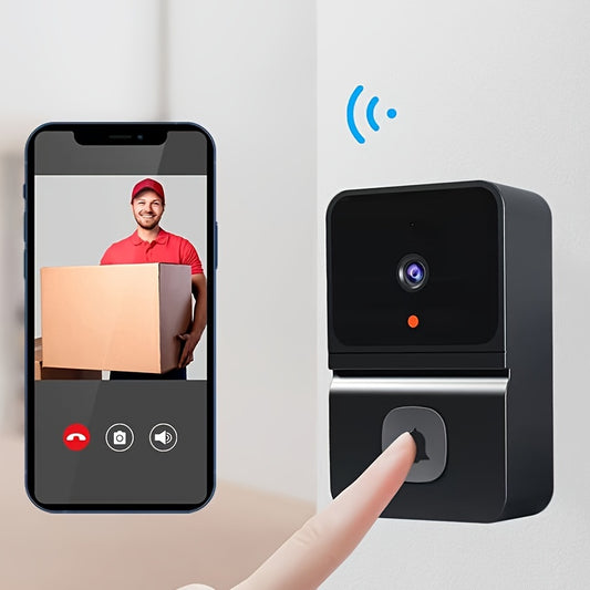 Smart WiFi doorbell with built-in battery featuring 2-way audio, night vision, USB rechargeable, low power consumption, and sleek black design. Supports 2.4G WiFi for easy home surveillance