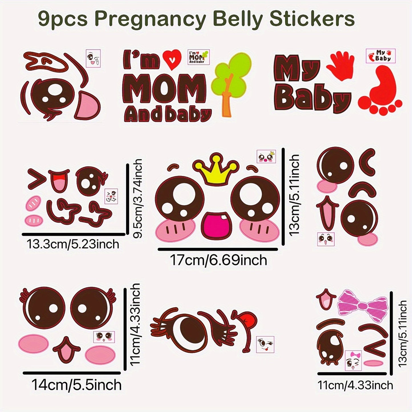 9-pack of Fun and Cute Pregnancy Belly Stickers - Ideal Present for Soon-to-be Moms, Convenient Peel and Stick, Disposable.