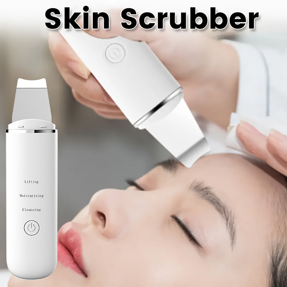 Facial pore cleaner for home use with skin scrubber and electric cleansing device.