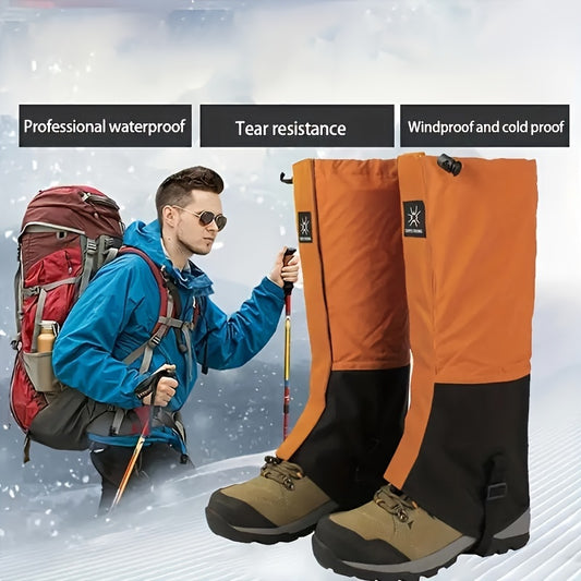 Waterproof snow gaiters for hiking, walking, and mountain climbing with adjustable fit.