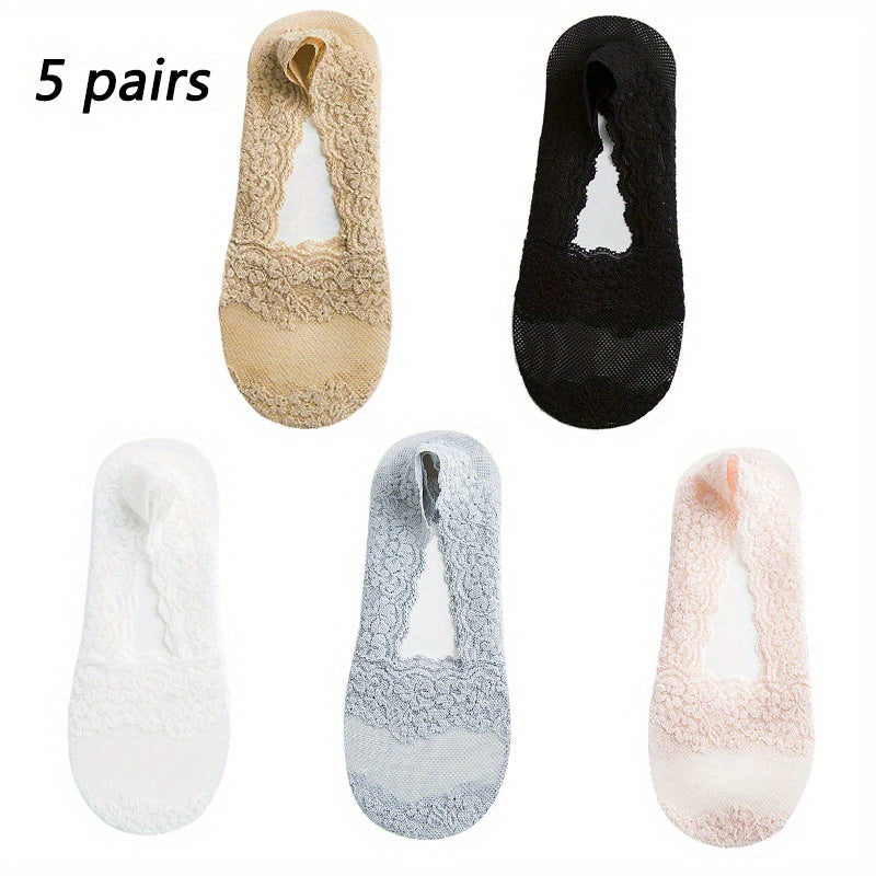 1 Pair of Women's Summer Lace No-Show Socks - Breathable Mesh, Floral Lace, Sweat-Absorbent Blend