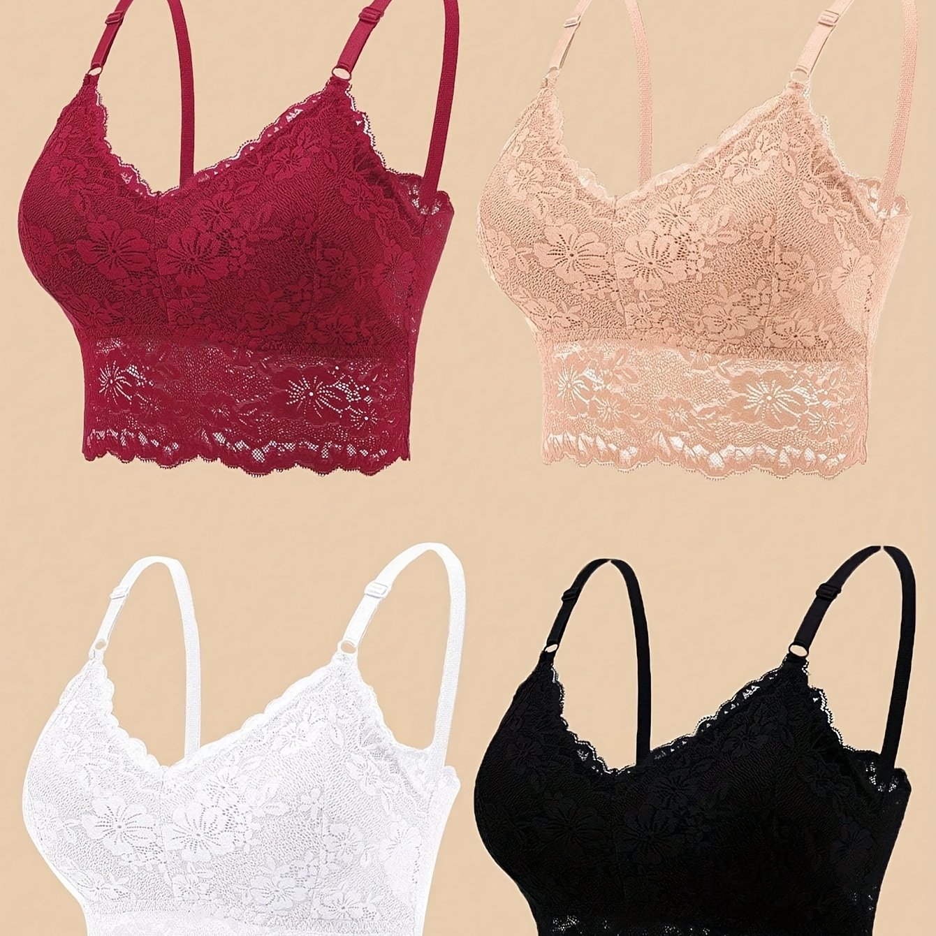 4 Women's lace bras, comfortable wireless lingerie, seamless design, hollow out detail.