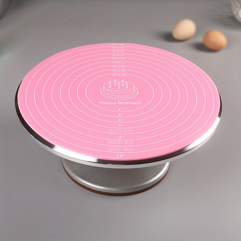 Silicone baking mat with measurements for cake turntable stand, non-stick and heat resistant. Perfect for pastry baking.