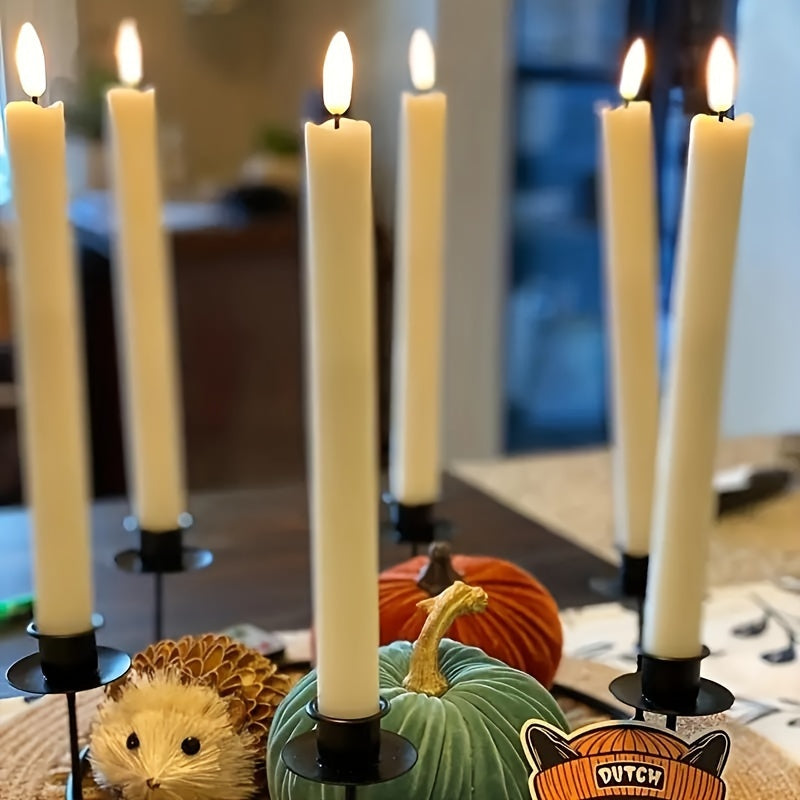 Six modern LED taper candles with flickering flame effect, remote control, timer, adjustable lighting, and battery-operated. Suitable for any room, batteries not included.