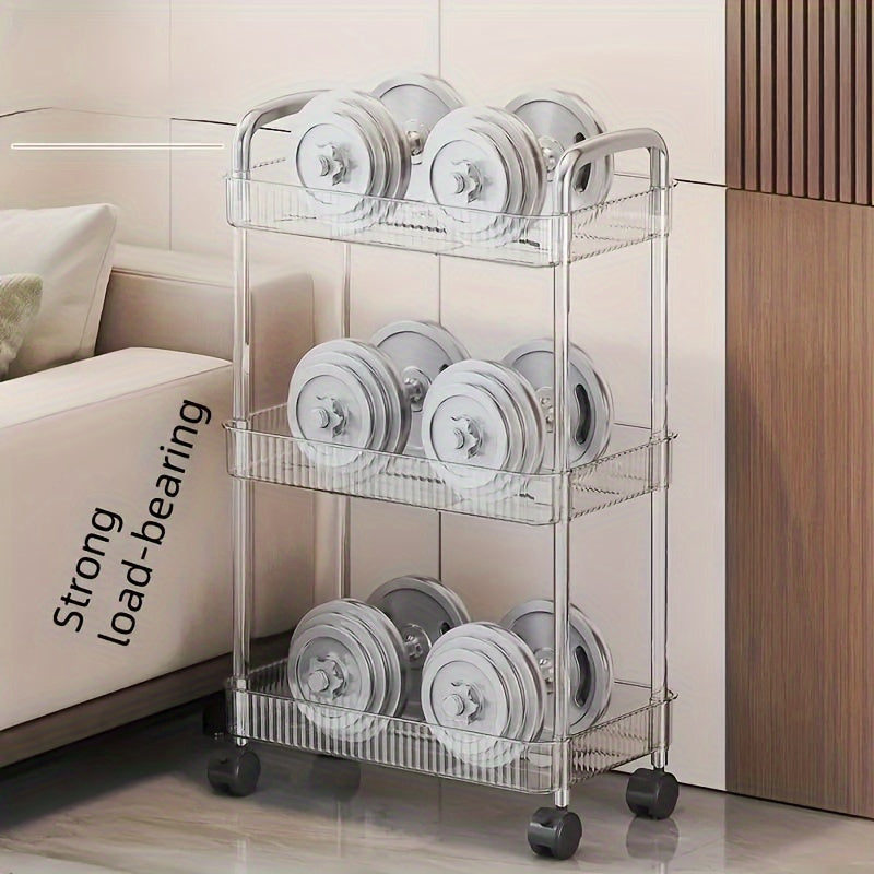 3-Tier rolling storage cart with easy assembly, durable acrylic organizer for snacks, beauty, and personal care products. Ideal for bathroom, office, and laundry room.