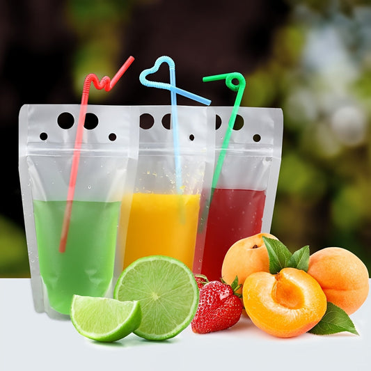 20 packs of plastic drink pouches with straw holes are available, offering a convenient way to carry cold or hot drinks. These portable, freezable, and reclosable juice pouch bags come in random translucent colors and feature zipper closures for easy