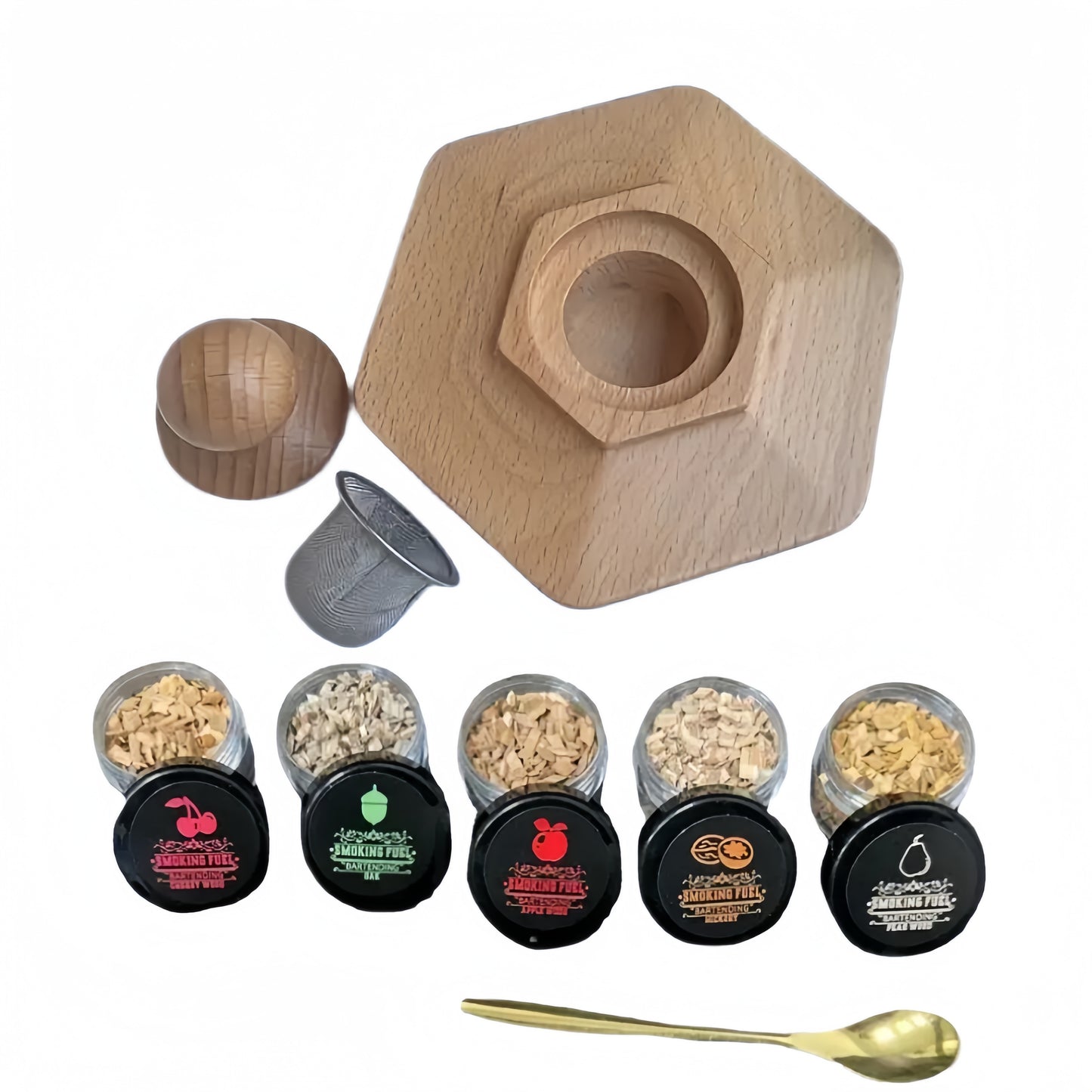 All-in-one cocktail smoker kit with 6 wood chip soakers, ideal gift for whiskey enthusiasts.