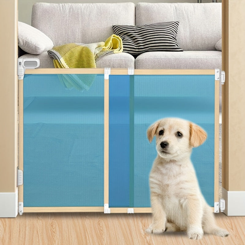 The TWO DADS Baby Gate is an expandable safety barrier for indoor use, suitable for staircases, doorways, and hallways. This puppy gate requires no assembly and can be easily installed with adhesive. It features a plastic hinge material and a sturdy