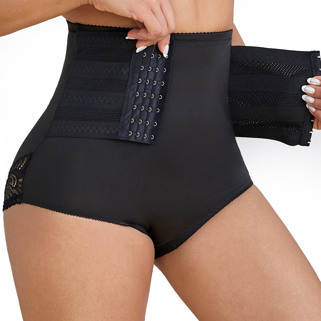 High-waist shapewear pants for women with lace trim, designed for tummy control, butt lift, postpartum recovery, and made of a polyester blend for breathability.