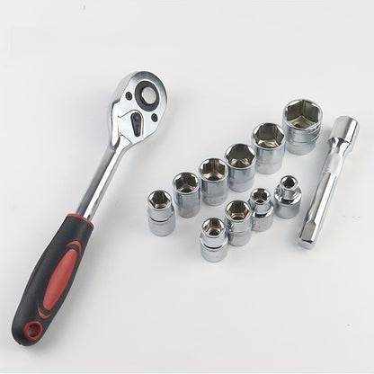 12pc 1/4-Inch Ratchet Wrench Set with 10pc Cr-V Metric Drive Sleeve (4-13mm), Quick Release Ratchet Handle & Extension Rod, Durable Steel Construction, Multi-Functional Socket Kit for DIY &