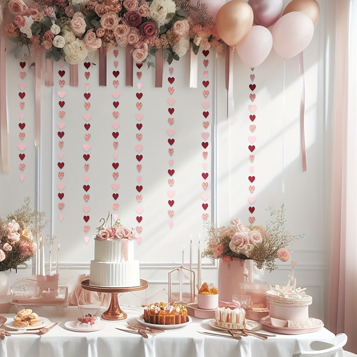 Rose-gold, pink, and burgundy Valentine's decorations featuring paper heart streamers, perfect for engagements, Mother's Day, weddings, anniversaries, bridal showers, birthdays, or Galentine's Day celebrations.