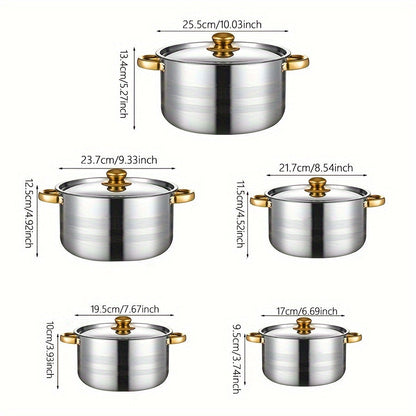 Set of 10 stainless steel saucepans with lids, suitable for induction cooking. The pots are dishwasher safe, have double handles, and can be used for cooking soup, stew, pasta, and seafood. This multipurpose cookware set is perfect for use at home, in