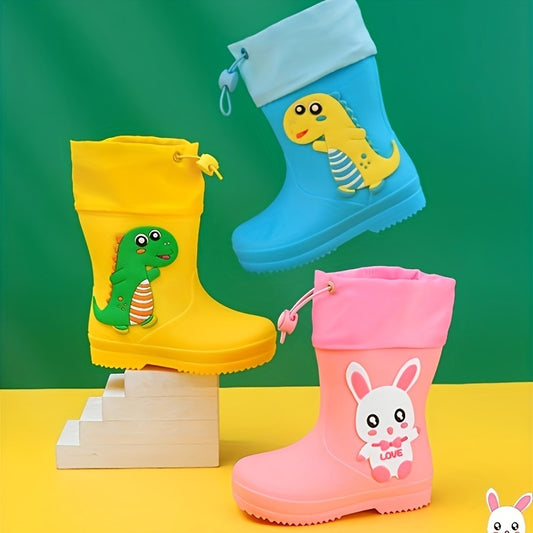 Durable PVC mid-calf youngsters' cartoon rain boots with drawstring closure. Waterproof, anti-slip, and perfect for outdoor activities. Ideal for boys and girls.