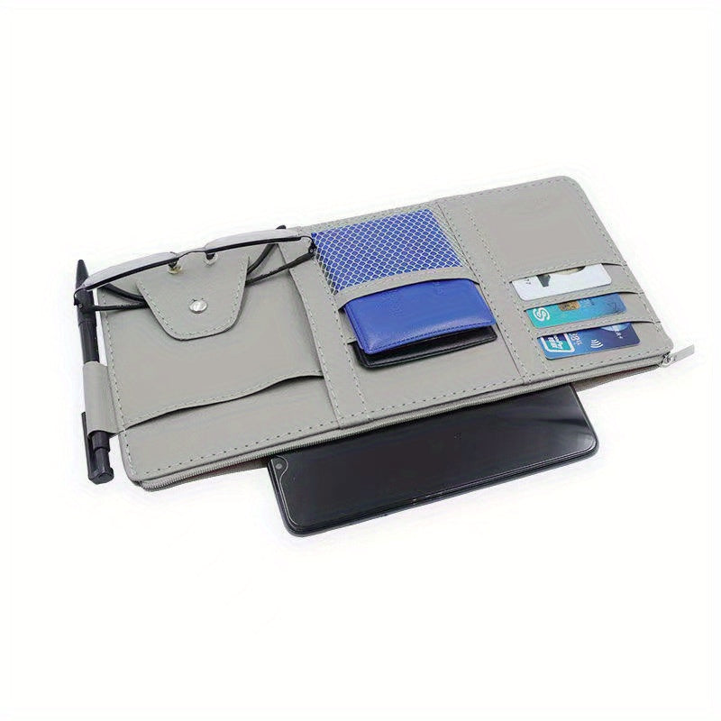 Car sun visor storage bag with multifunction card holder, driver's license, documents, and bills in PU leather. Includes car glasses clip for organization.