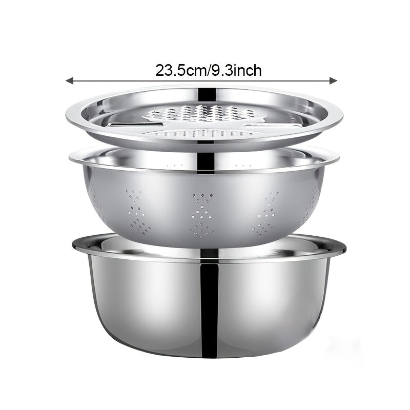 3-piece Stainless Steel Kitchen Set with Integrated Grinder, Strainer, and Mixing Bowl - Ideal for Cleaning, Slicing, and preparing fruits, vegetables, and cheese. Food-safe with Drainage