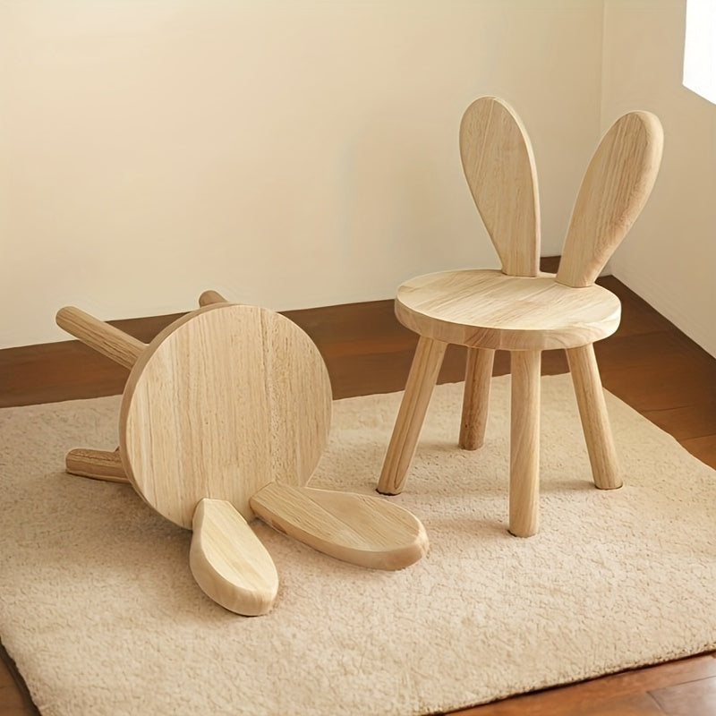 Solid wood rabbit stool for youngsters' and living rooms, ideal for shoe changing with classic natural finish