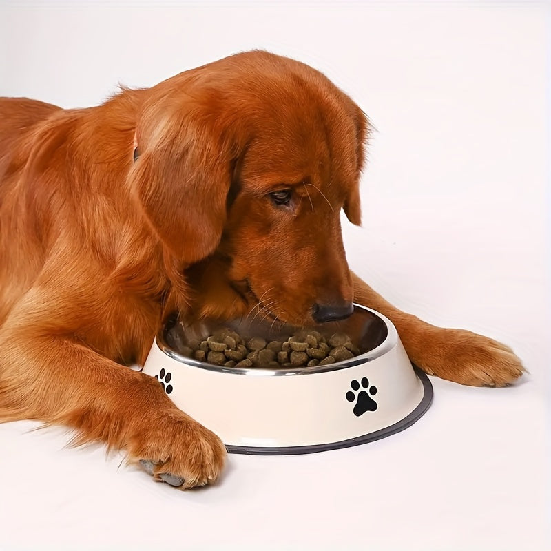 High-quality stainless steel pet bowl with non-slip base, easy to clean, ideal for dog and cat food or water, offered in three sizes.