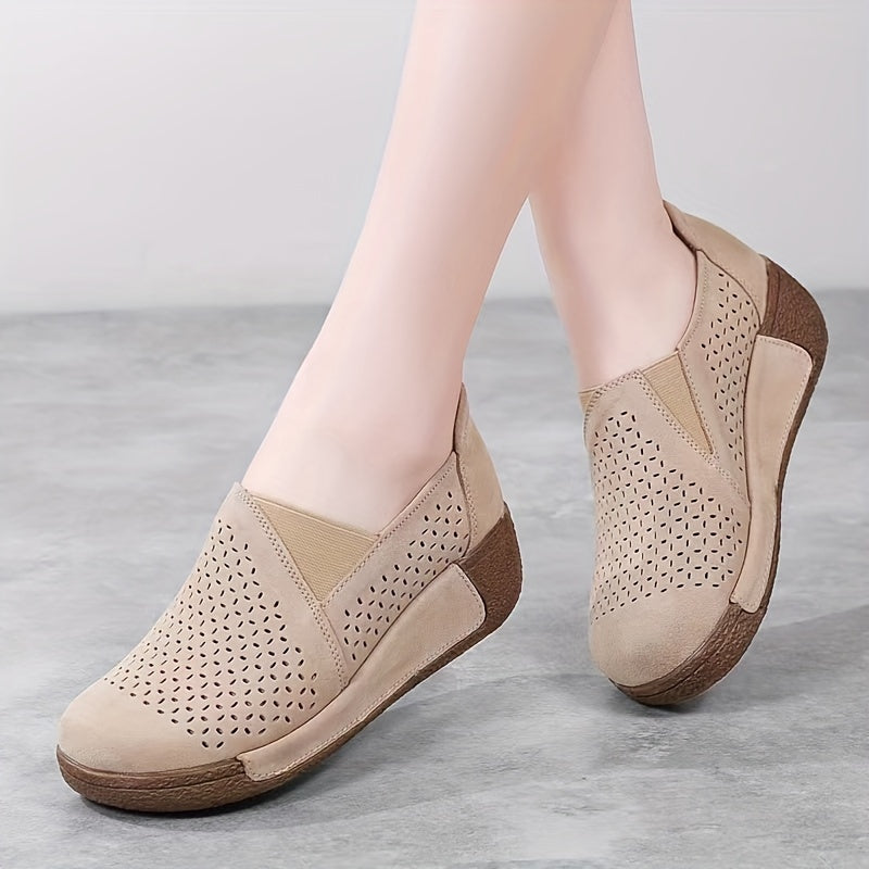 Breathable slip-on sneakers for women with hollow design, round toe, and non-slip PU sole.