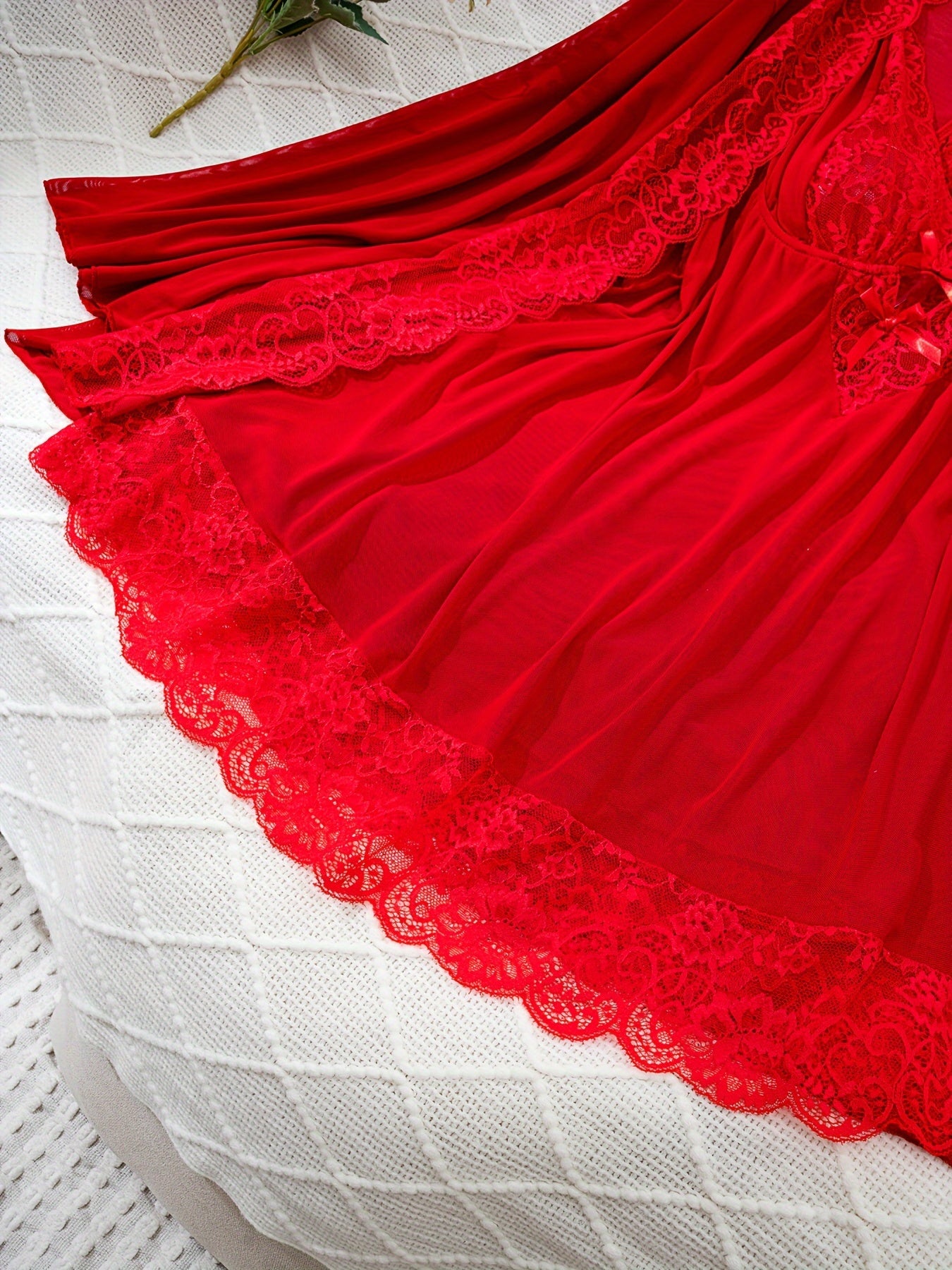 Elegant red lace-trimmed robe and slip dress set for women, semi-sheer with no padding.