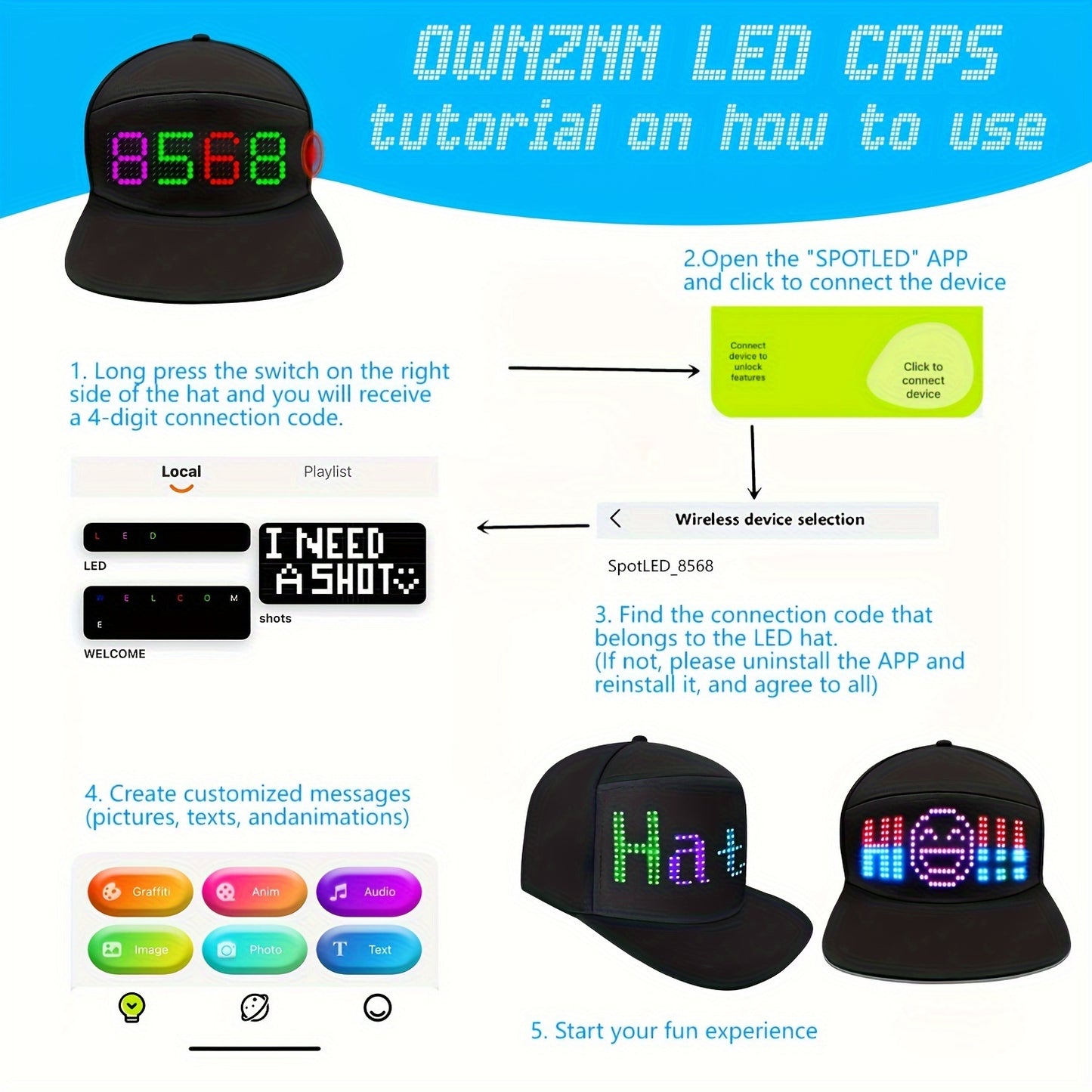 OWNZNN LED Light-Up Baseball Cap with full color matrix display, wireless app control, customizable messages & animations, USB charging, lightweight design. Perfect for outdoor events