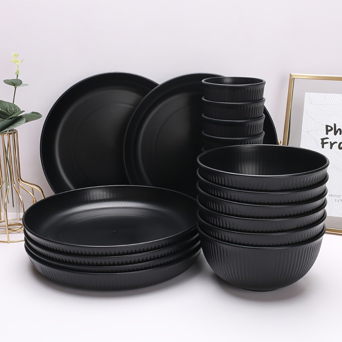 Durable 18-piece plastic dinnerware set with striped design. Dishwasher and microwave safe for kitchen, dorm, camping, RV, and picnic use.