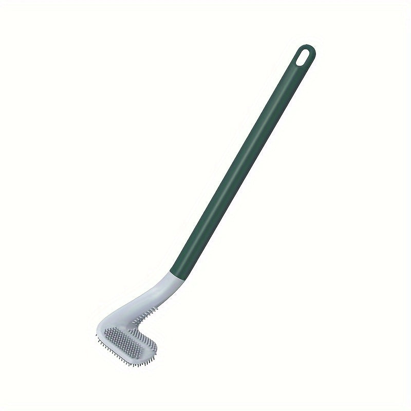 Rotating silicone toilet brush with long handle, wall mount design. Medium firmness, portable and does not require electricity.