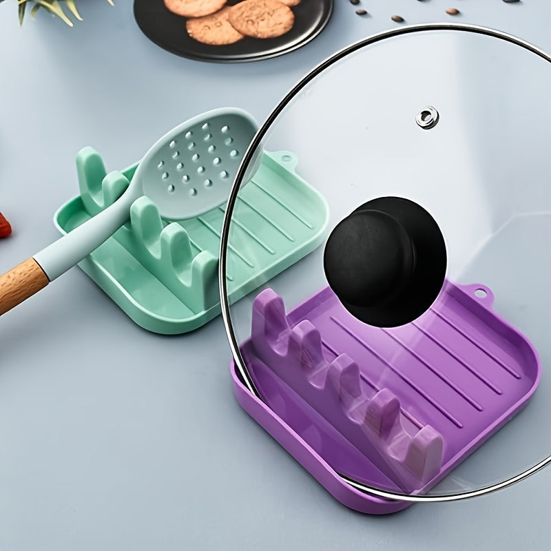 Organize your kitchen with the Space-Saving Kitchen Organizer Set: Includes a Drip-Free Pot Lid Holder and Spoon Rest, along with an Easy-to-Clean Cooking Utensil Rack for your Countertop.