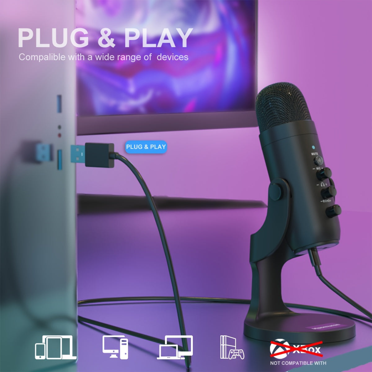 USB condenser microphone with volume and gain control, clear sound for podcasting, gaming, and streaming. Compatible with PS4/5, Mac, and Windows. Includes cable, windscreen, stand, and