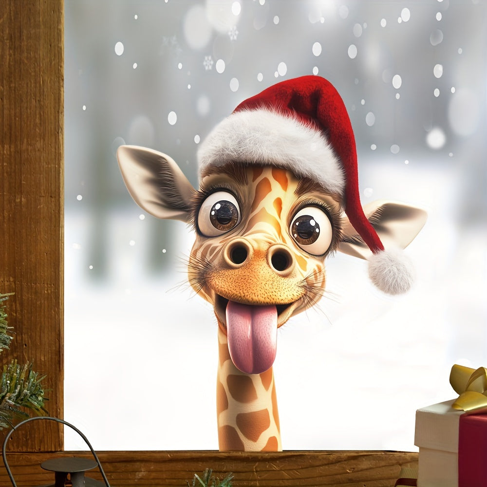 Giraffe wearing a hat and sunglasses Christmas window stickers, candy and deco art decals for Christmas party decorations in the home.