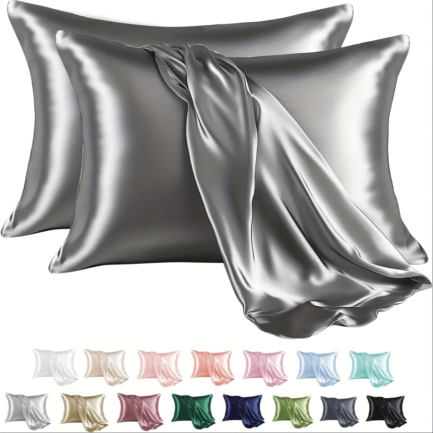 Two satin pillowcases in a pack made from 100% polyester material. Features an envelope closure and smooth texture to prevent hair breakage. These pillowcases are also wrinkle-resistant, machine washable, and weigh 80-85gsm. Available in a solid color