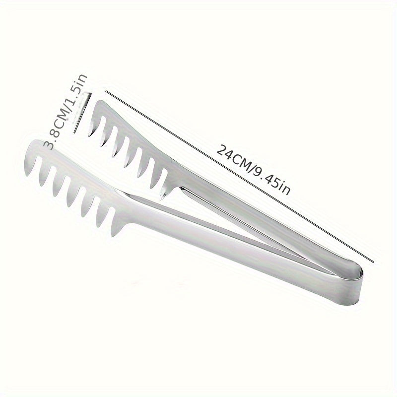 Durable stainless steel pasta tongs for restaurant and home use.