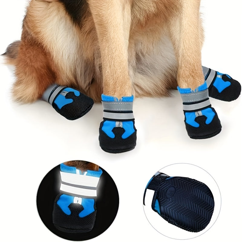 4 waterproof dog boots with reflective straps keep your dog's paws safe and dry.