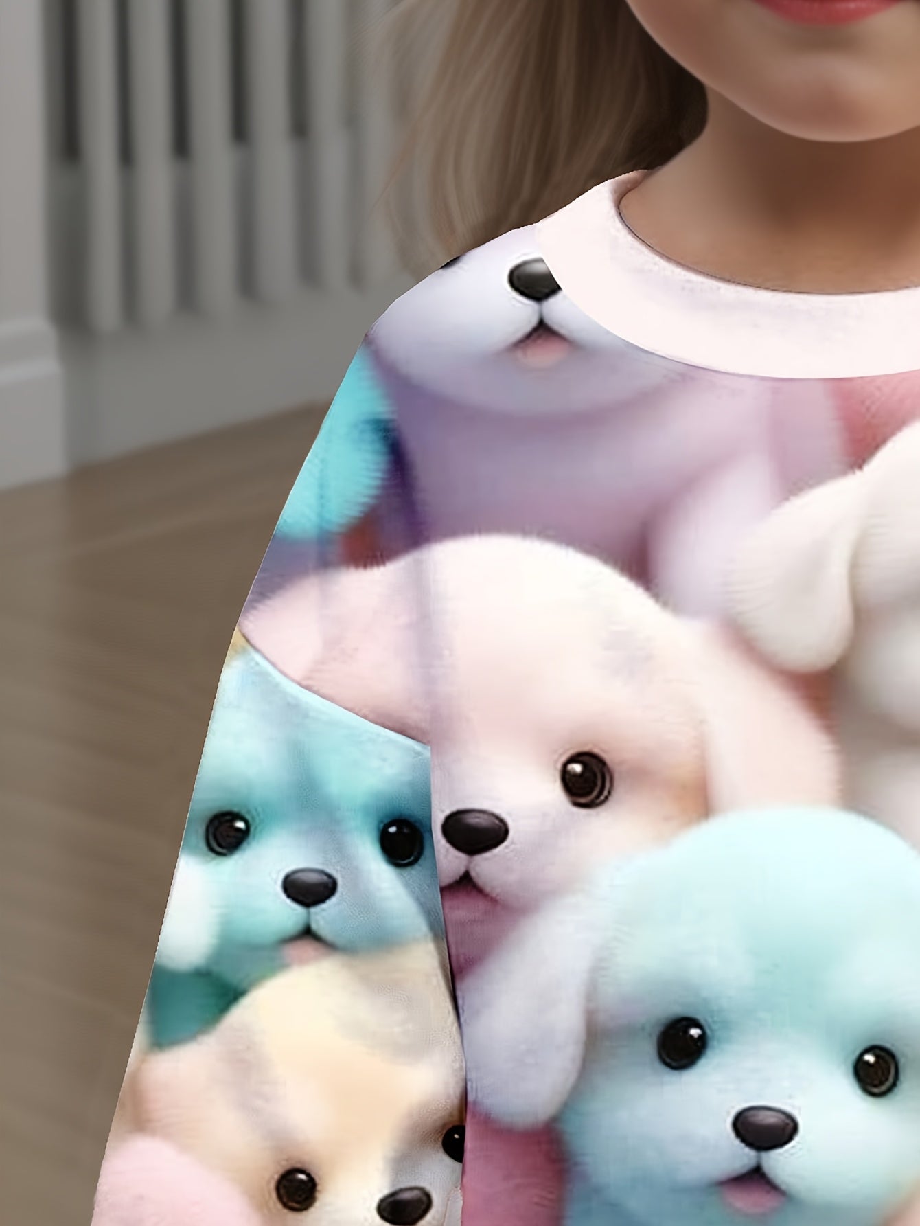 Girls' long sleeve crew neck t-shirt with cute puppy print and animal pattern, made of 95% polyester and 5% elastane, ideal for spring/fall wear.