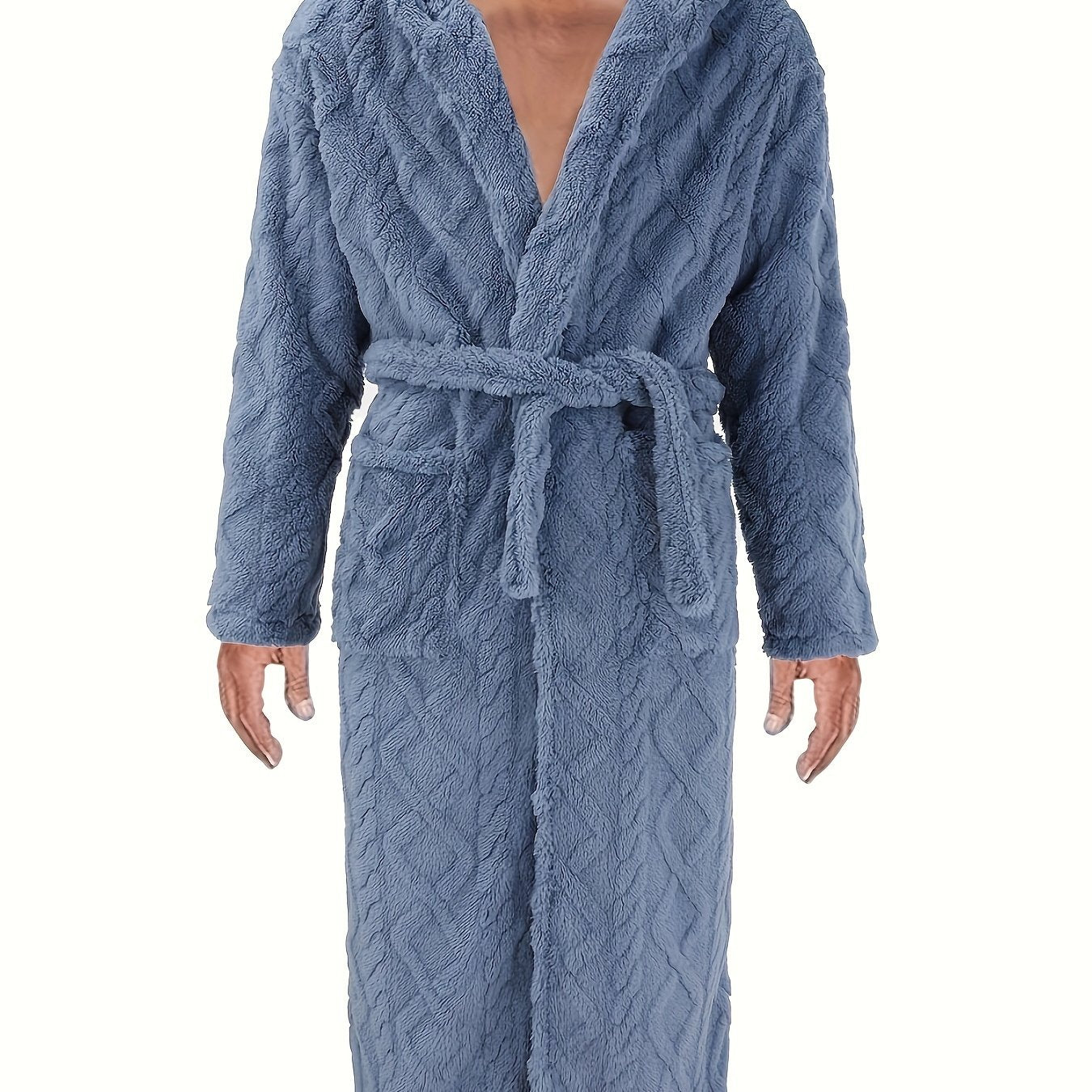 Men's over-the-knee bathrobe with thick fleece, V-neck, and blue quilted design for winter comfort.