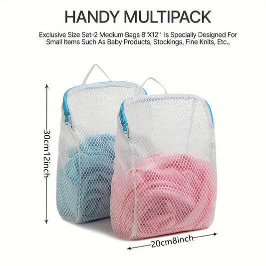 Honeycomb Mesh Laundry Bags, Set of 2 with Blue Handles - Size 30.48x20.32 cm. Made from Durable Polyester, perfect for washing delicate items such as socks, lingerie, and travel garments. Features a Zippered Non-Woven Fabric for easy machine washing. A