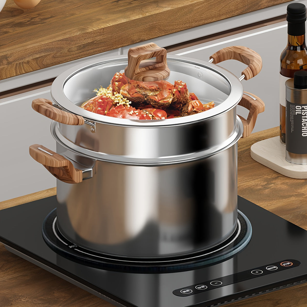 Five-layer composite steel pot for the kitchen, made of thickened food-grade 316 stainless steel. Non-stick and induction cooktop compatible. Features a deep soup pot and thickened steamer with 304 stainless steel lid. Ideal for cooking noodles