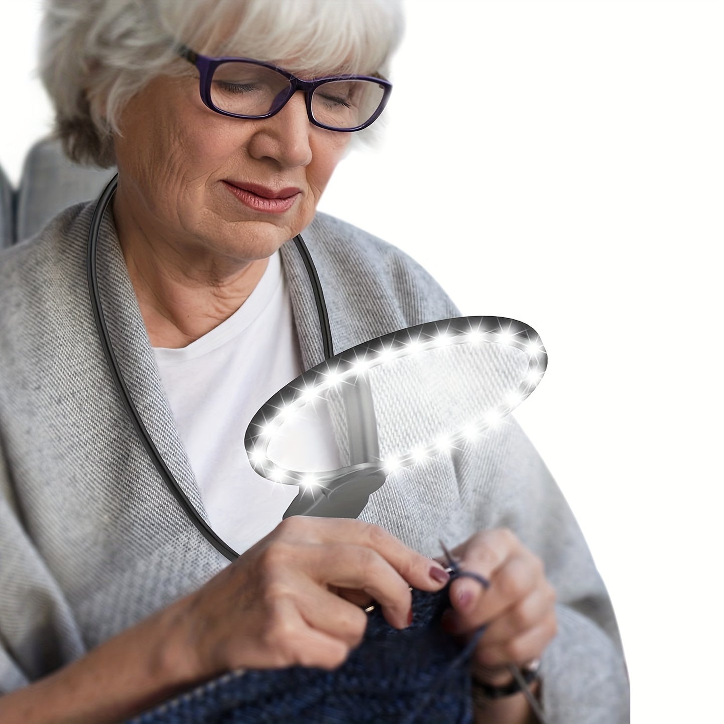 1pc Hands-Free Lighted Magnifier with Neck-Wearable Large Lens and LED Illumination, ideal for reading, sewing, and cross-stitching, featuring Type-C magnetic design.