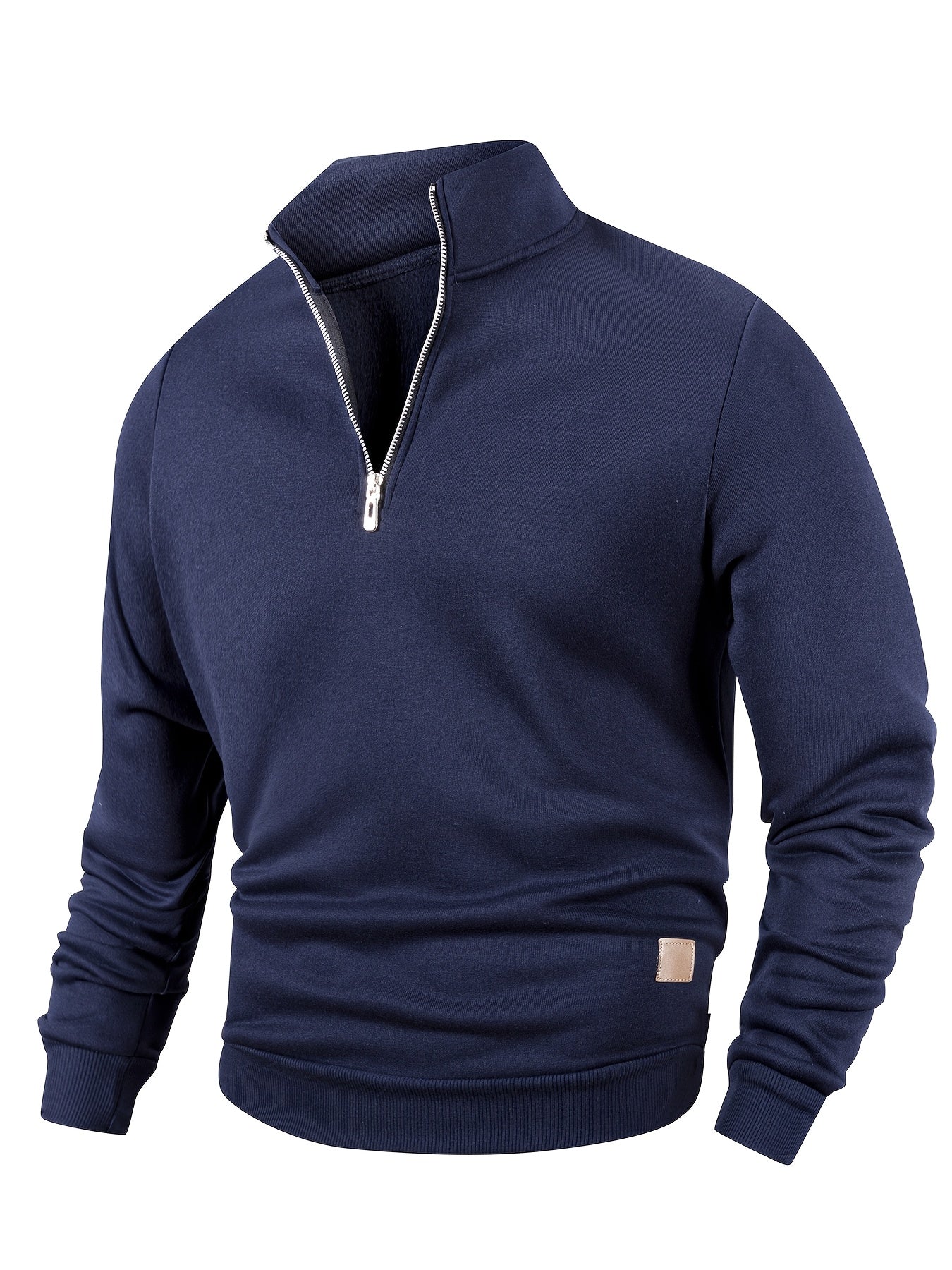 Men's casual half-zip pullover sweatshirt in solid color, made of 100% polyester knit fabric with a slight stretch. Features a stand collar, long sleeve, zipper detail, and regular fit.