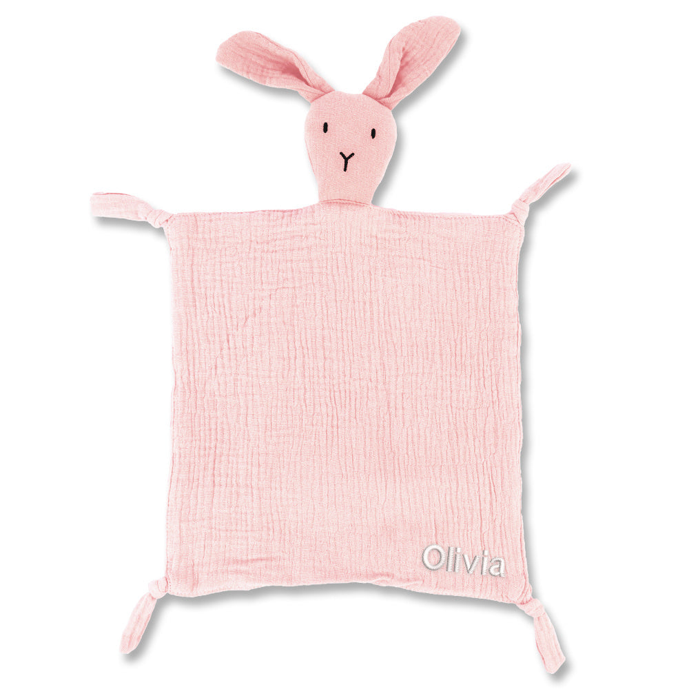 Personalized Bunny Muslin Blanket in Pink, Yellow, Beige, Blue, and Light Brown for Boys and Girls. Customizable with Name. Soft and Breathable. Ideal Kids Gift.