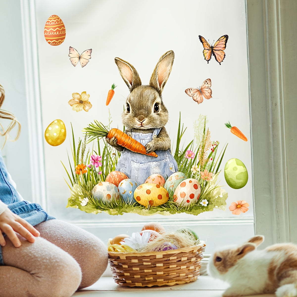 Elegant Easter Bunny and Egg Window Cling - 30.48cm x 30.48cm Dual-Sided, Reusable PVC Decal for Living Room, Bedroom, Bathroom - Modern Home Decor