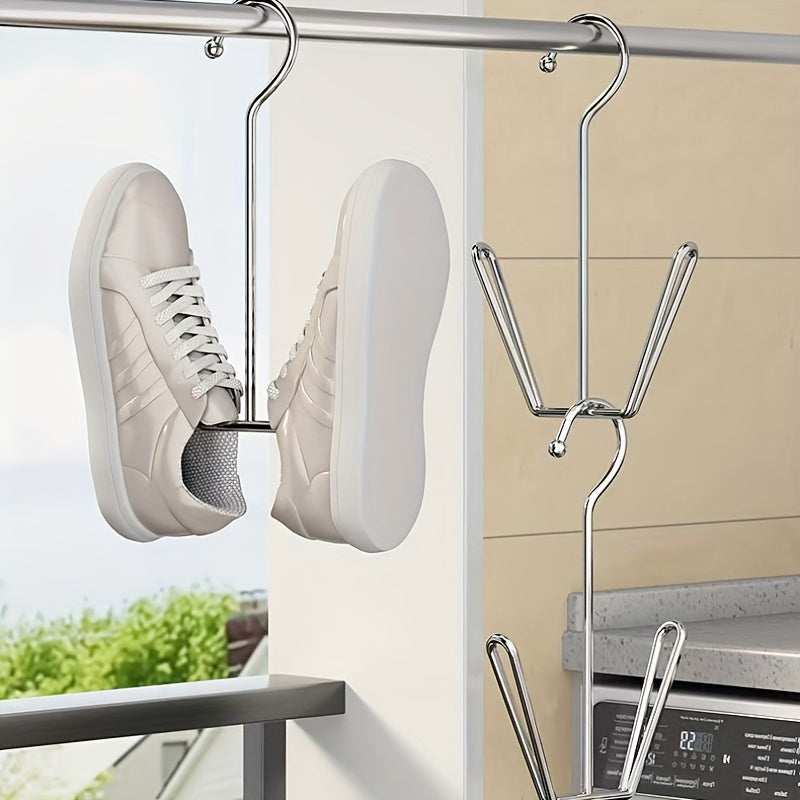 Three stainless steel shoe rack hangers designed for space-saving storage and drying in closets. Perfect for home and laundry organization, storing shoe boxes, household accessories, and drying racks.