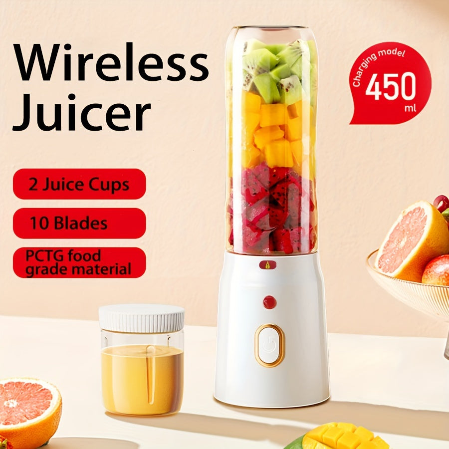 Hilton Wireless Juicer: Portable USB Rechargeable Blender, 450ml, 10 Blades, 1500mAh Battery, Push Button Control, Food Grade PP, 2 Cups, Detachable - Smoothies, Shakes, Home & Travel