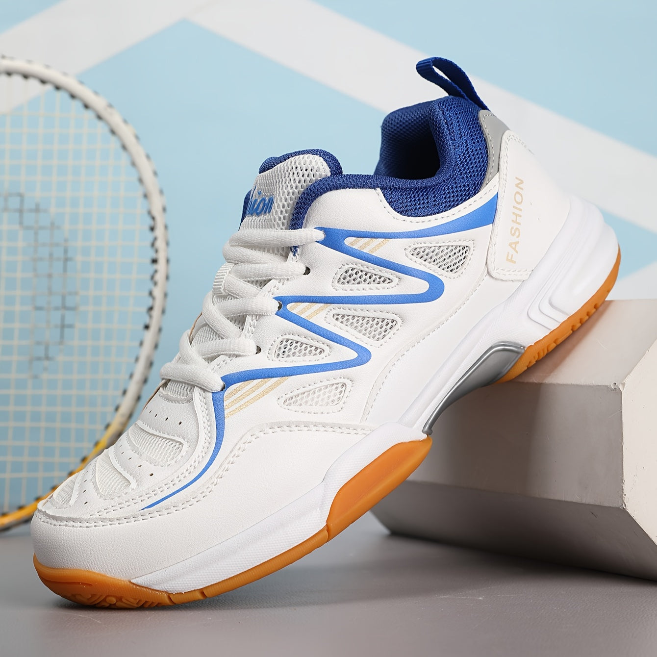 Unisex badminton tennis shoes with breathable, non-slip, and durable design. Made with superfine fiber and fabric upper, fabric inner, and rubber/EVA sole. All-season sports footwear from