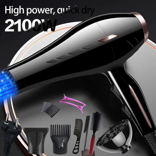 Powerful 2100W hair dryer with strong wind, European plug, long cord, plastic body, diffuser, brush motor, ideal for home styling.