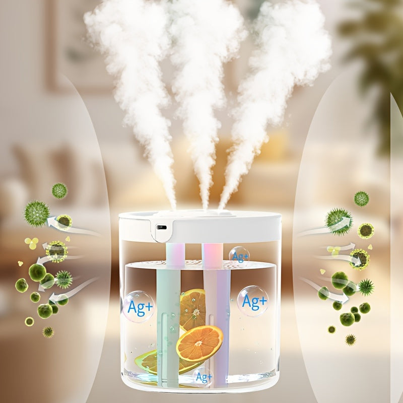 Compact ultrasonic humidifier with face steamer, USB-powered, plastic material, low voltage, designed for home and office use.