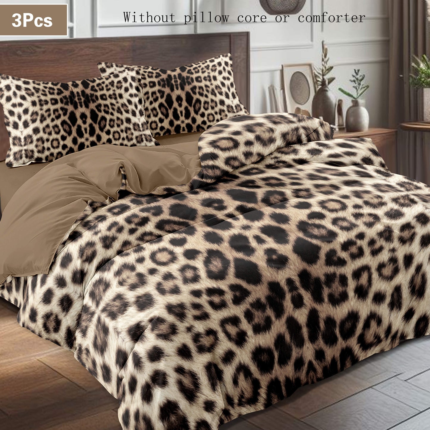 Polyester 3D Digital Printing Quilt Cover Set including 1 quilt cover and 2 pillowcases. Features high-end leopard print pattern, soft and breathable. Ideal for personal use or as a gift