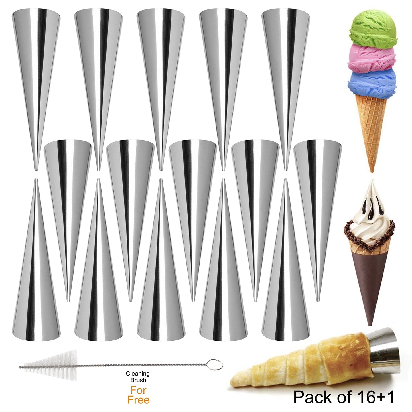 Set of 30 stainless steel cone-shaped molds for making croissants, cannolis, cream rolls, puffs, waffle cones, and more baking supplies and kitchen gadgets.